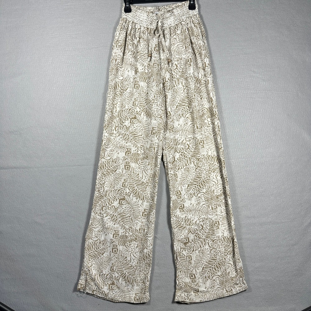 Cali 1850 Los Angeles Tan Tropical Leaf Print Smocked Wide Leg Pants Small